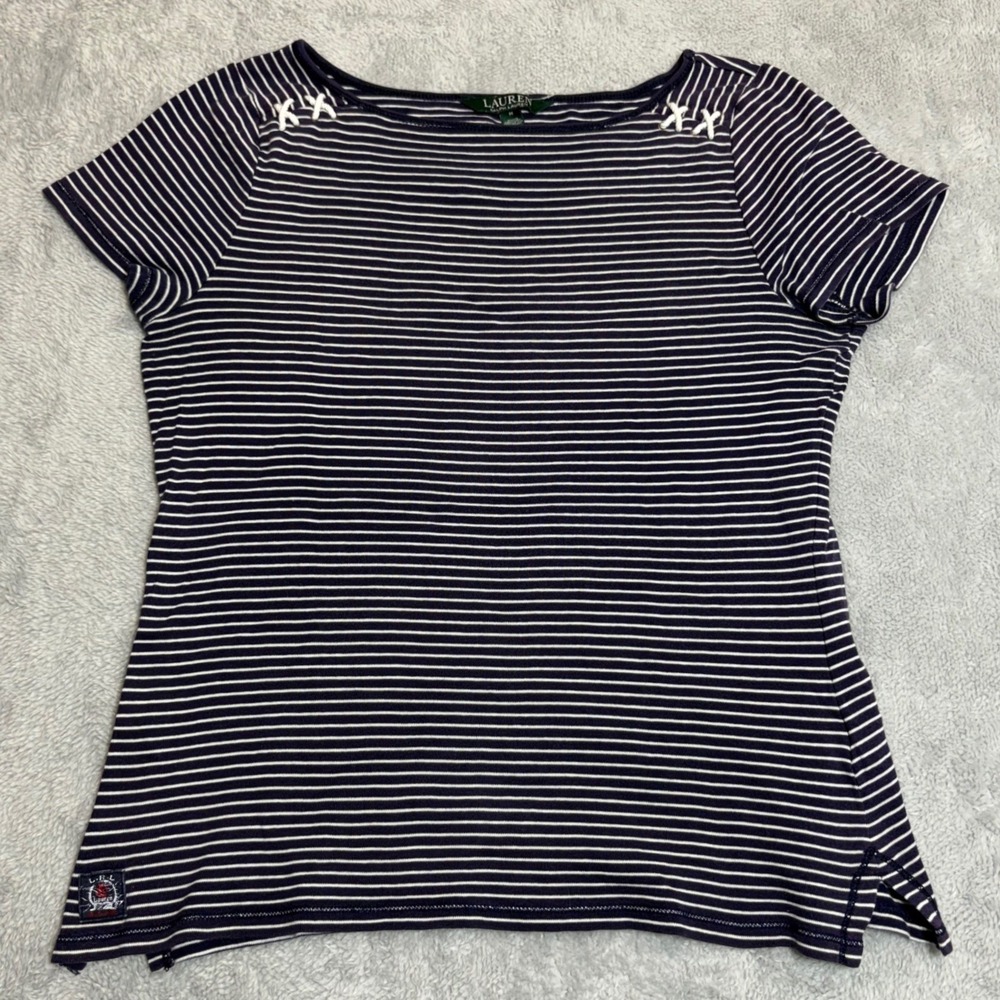 Lauren Ralph Lauren Top Womens M Navy White Striped Nautical Lace-Up Boatneck